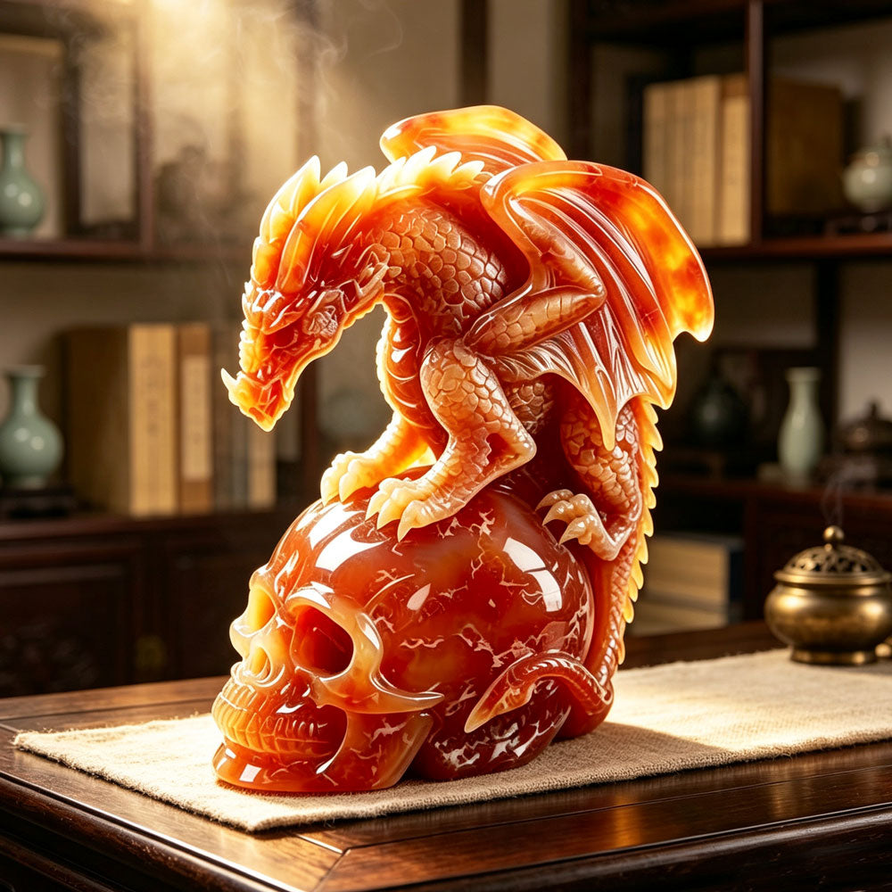 Carnelian Crystal Skull & Pterosaur Sculpture: Hand-made 8.1" Large Gemstone Totem