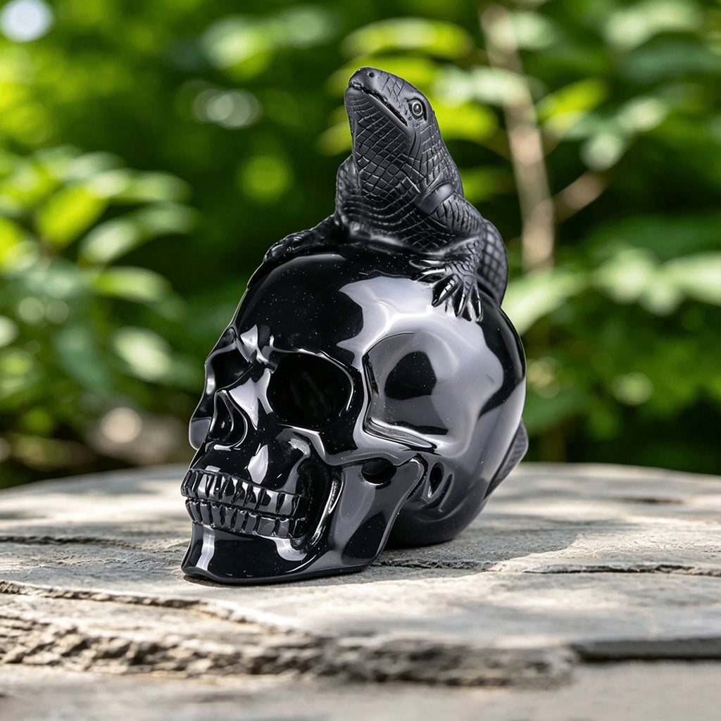 4.7" Black Obsidian Lizard Skull Carving  #SCS0011