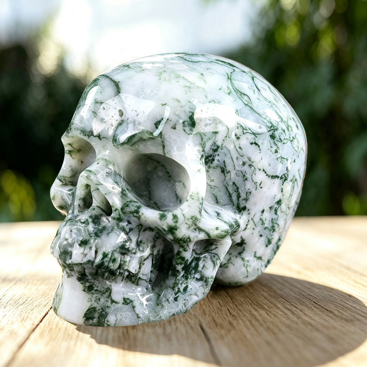 4.5" Moss Agate Human Skull Carving  #SKH45001