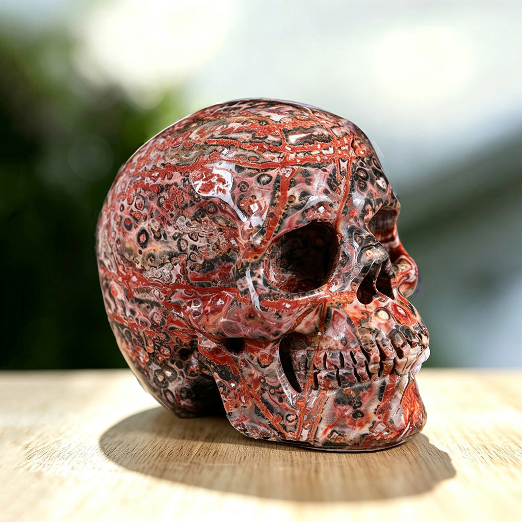 3.0" Red Leopard Skin Human Skull Carving  #SKH30017