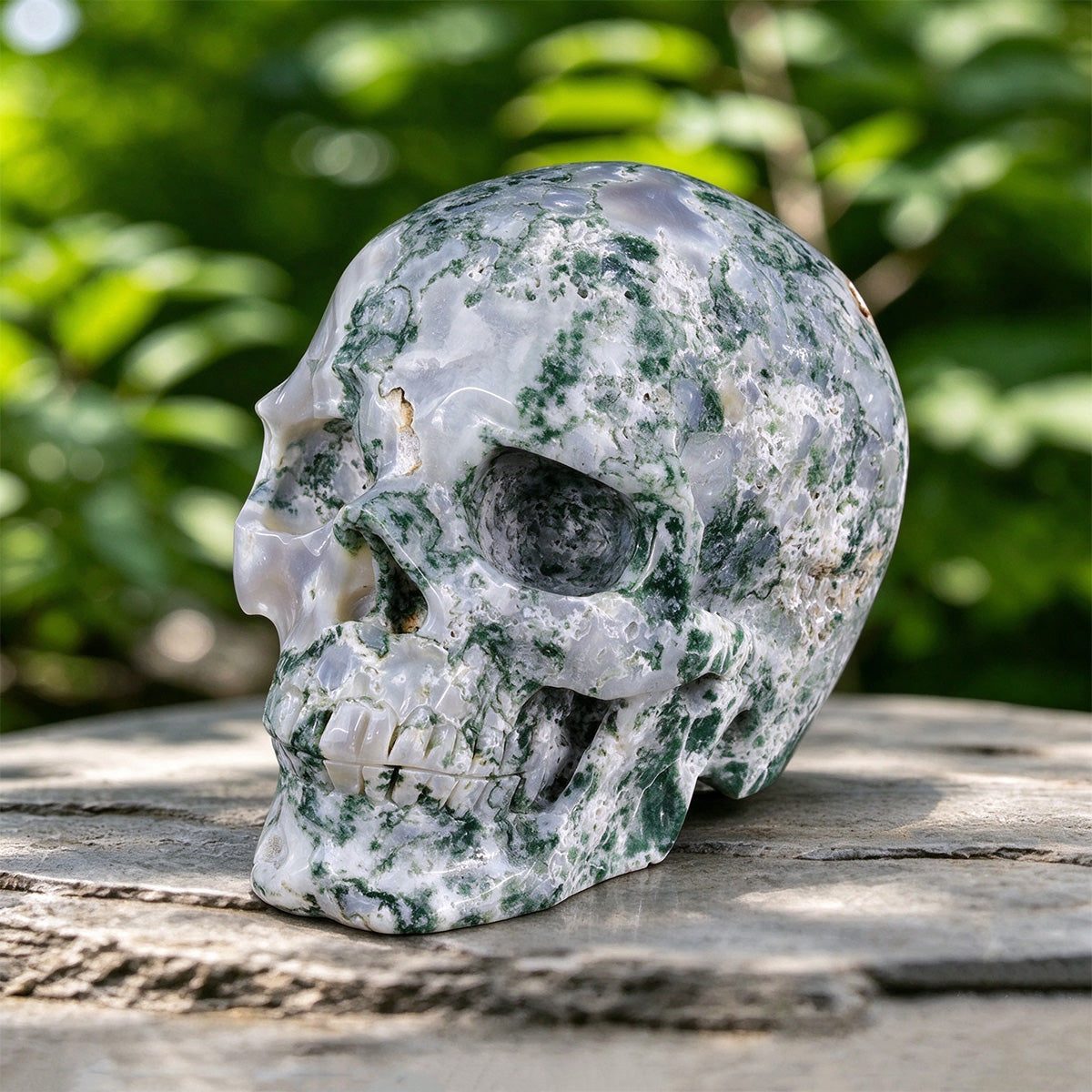 8.0" Moss Agate Crystal Skull Carving  #SCS0024