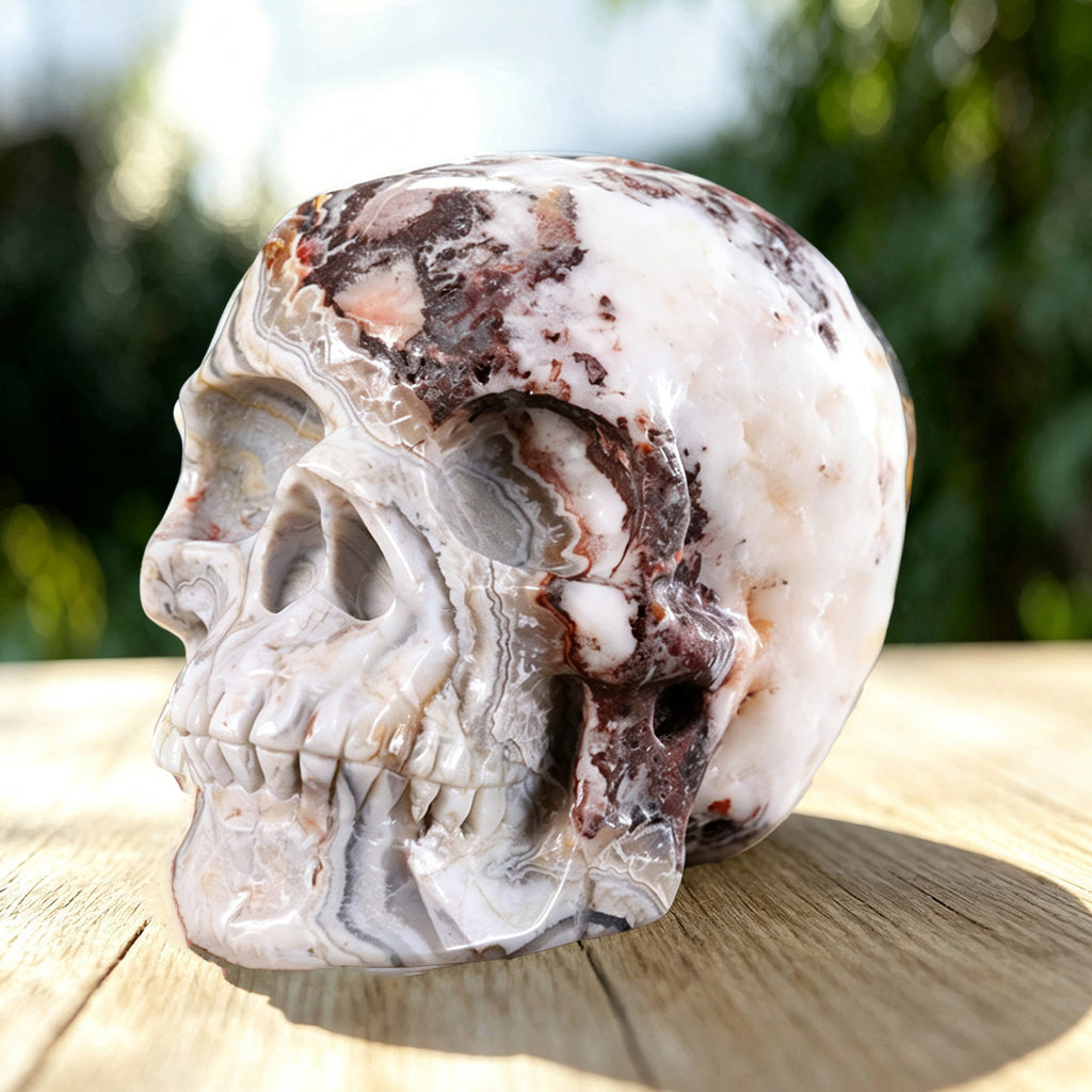 4.5" Red Crazy Lace Agate Human Skull Carving  #SKH45005