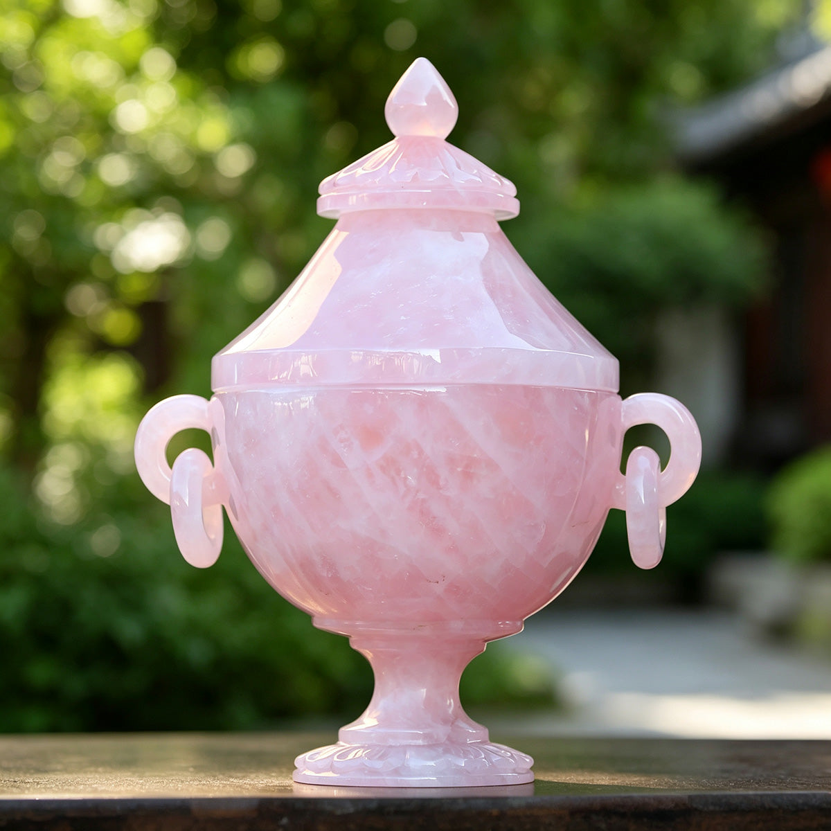 8.7" Rose Quartz Candy Bowl with Lid Carving  #CTC0004