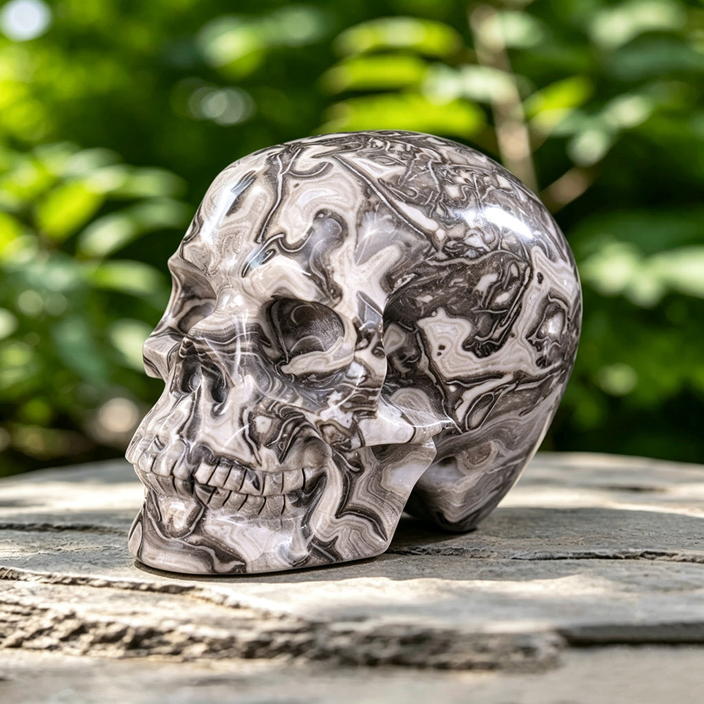 5.0" Black Crazy Lace Agate Human Skull Carving  #SCS0016