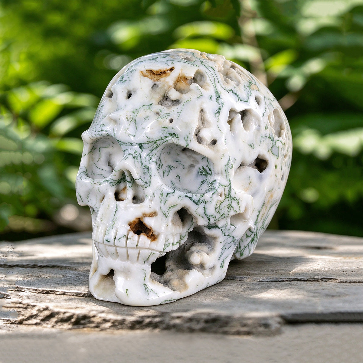 9.0" Moss Agate Crystal Skull Carving  #SCS0029