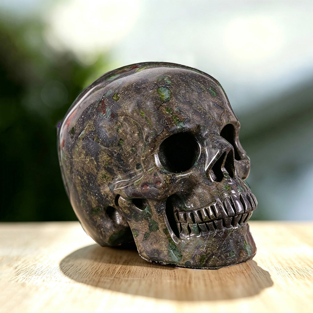 3.0" Dragon Blood Jasper Human Skull Carving  #SKH30016