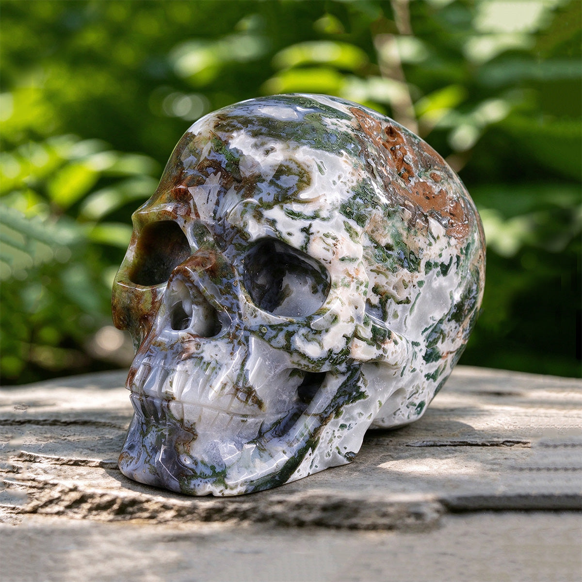6.2" Moss Agate Crystal Skull Carving  #SCS0027