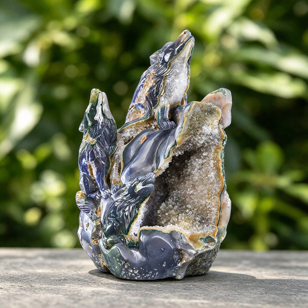 5.8"Druzy Agate Geode Wolf Family Carving  #GDC0022