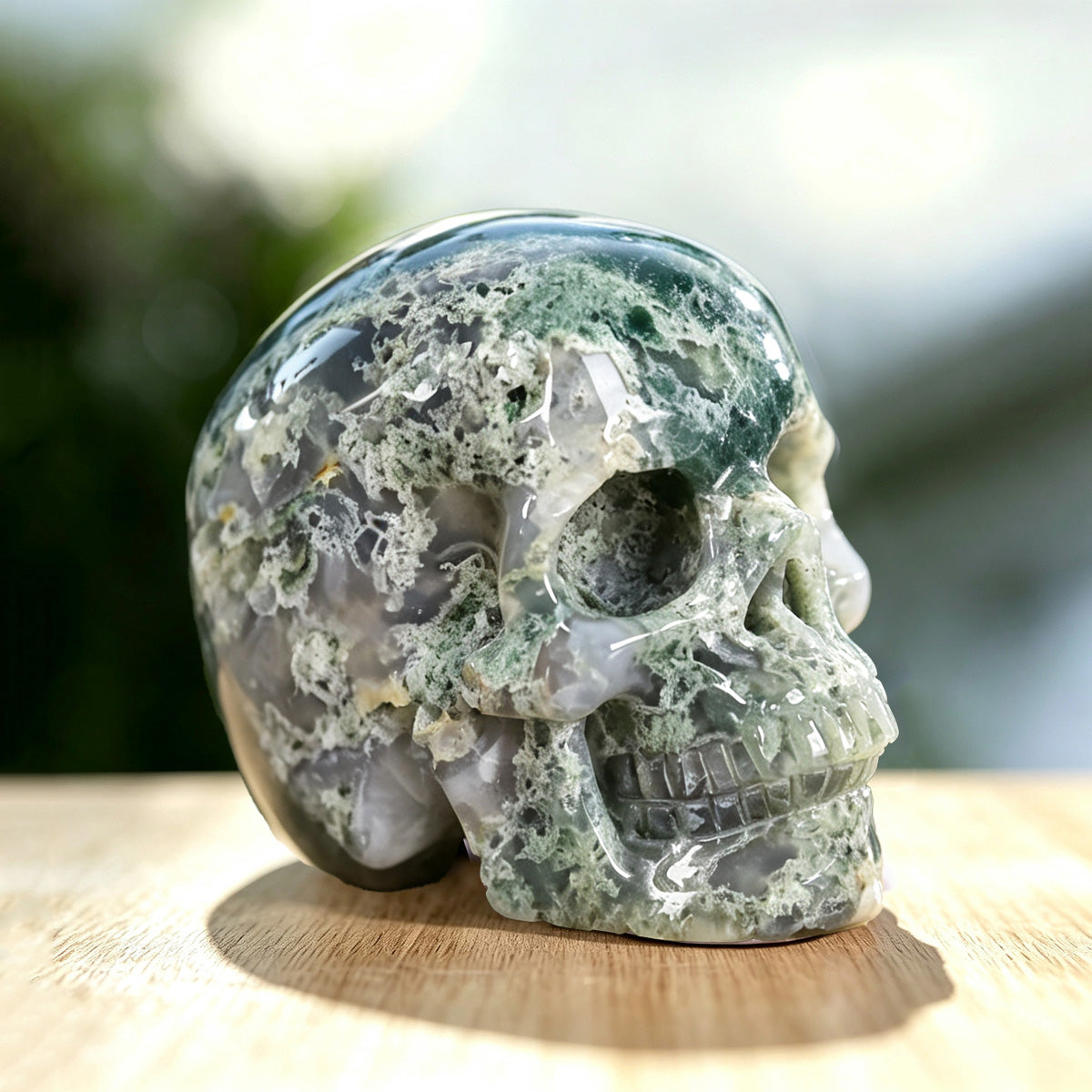 3.0" Moss Agate Crystal Skull Carving  #SKH30048