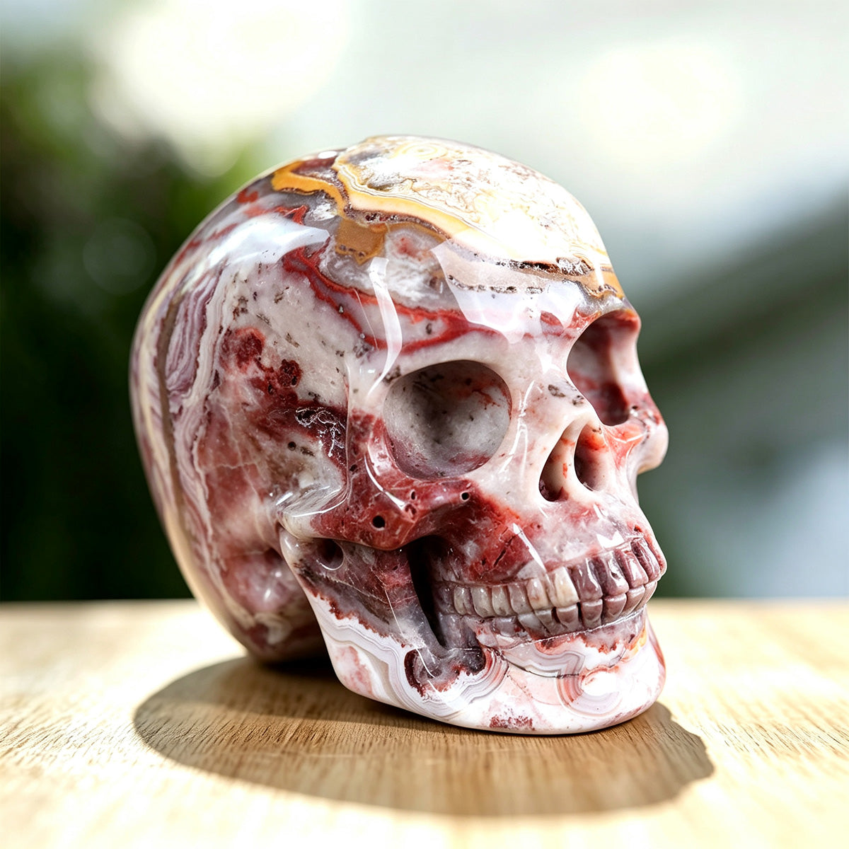 3.0" Red Crazy Lace Crystal Skull Carving  #SKHRC3001