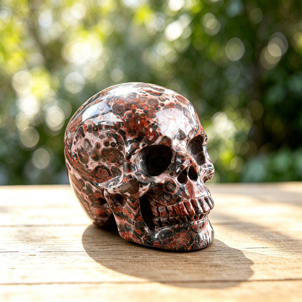 2.2" Red Leopard Skin Human Skull Carving  #SKH22001