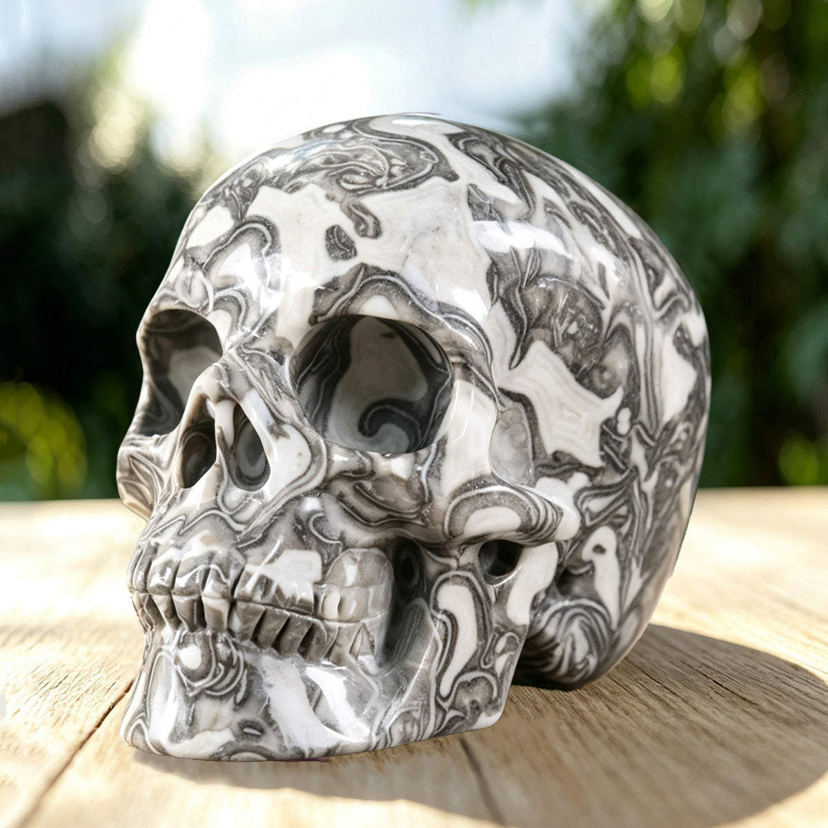 4.5" Black Crazy Agate Crystal Skull Carving  #SKH45011