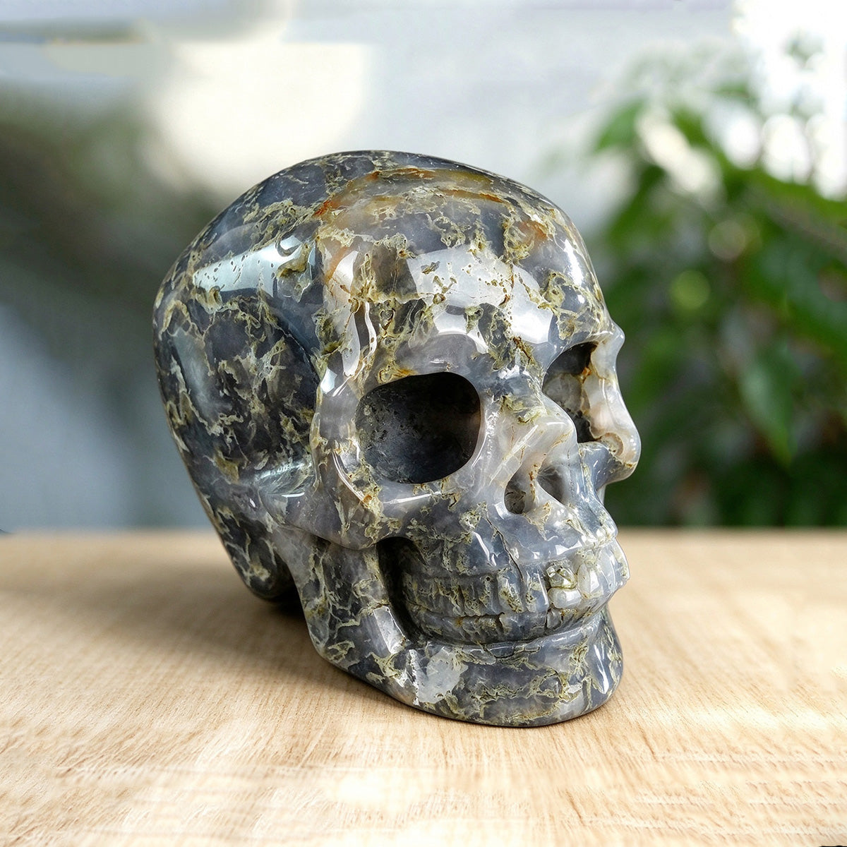 3.0" Moss Agate Crystal Skull Carving  #SKH30113