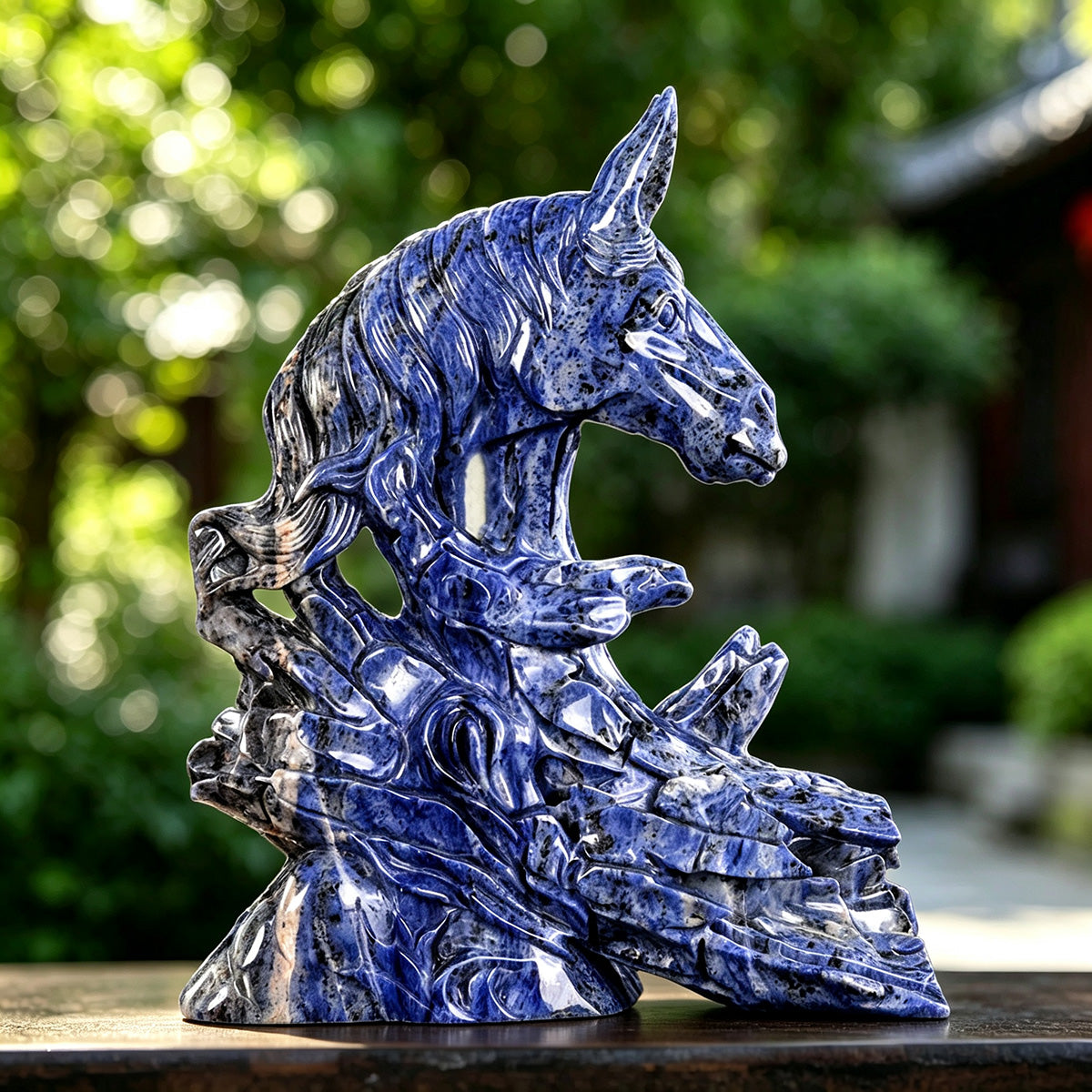 9.7" Sodalite Horse Head & Tree Stump Carving  #CTC0006