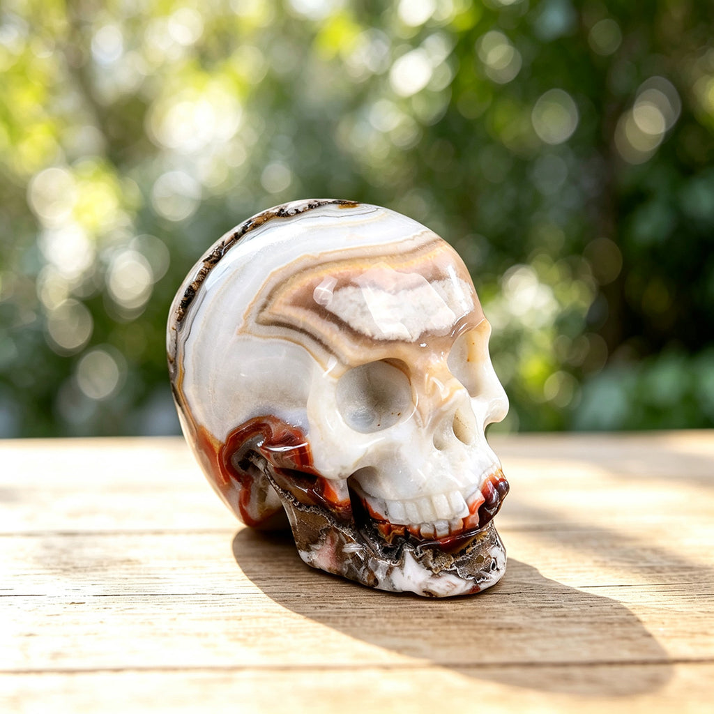 2.2" Red Crazy Lace Agate Human Skull Carving  #SKH22009