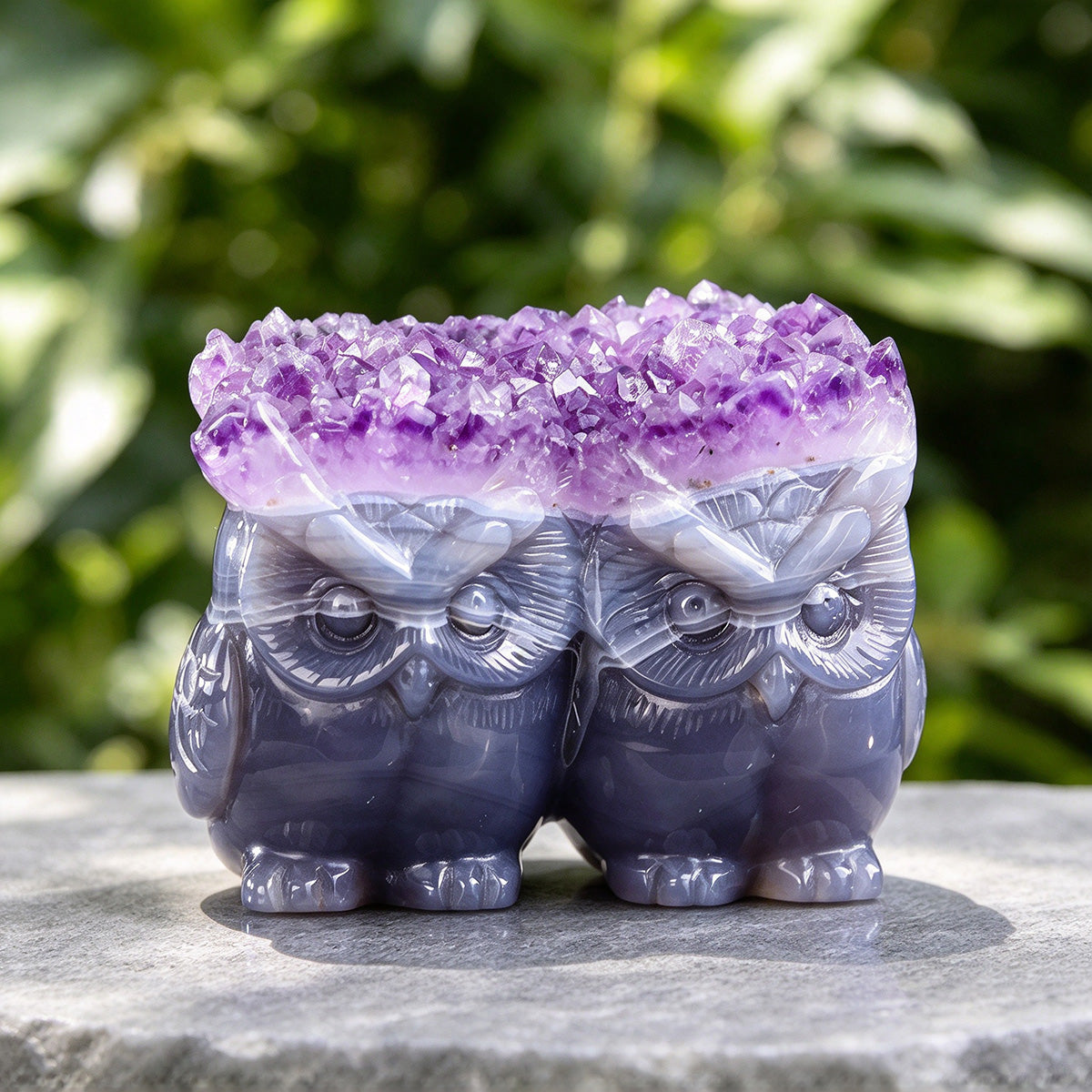 3.0"Amethyst Druzy Pair of Owls Carving  #GDC0029