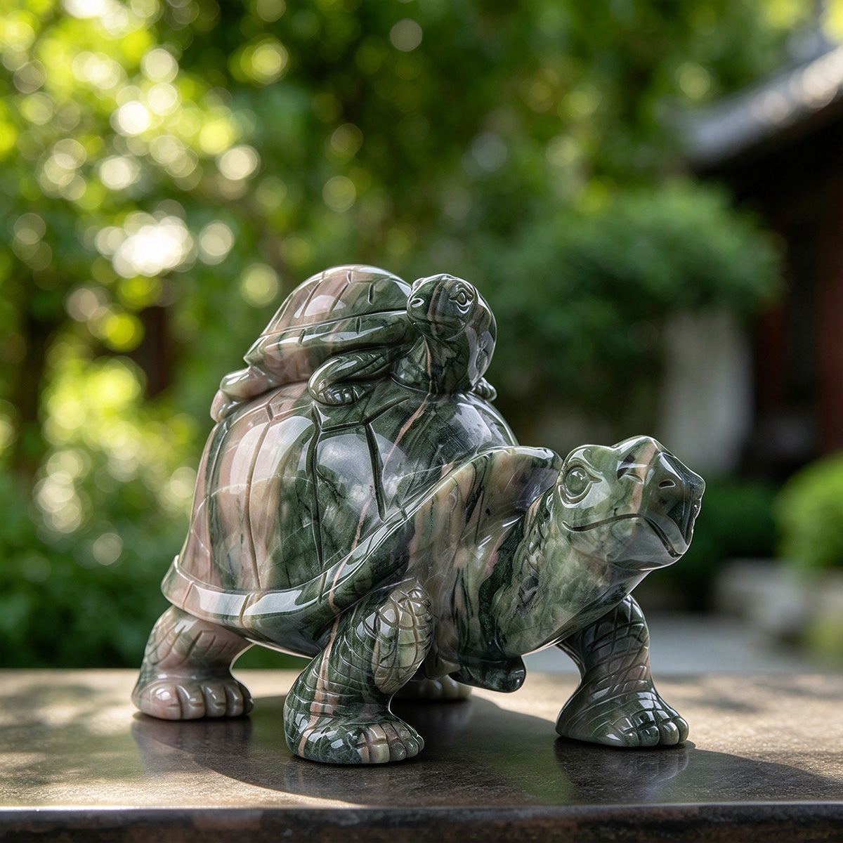 7.0" Jiulong Jade Mother & Baby Tortoise Carving  #CTC0040