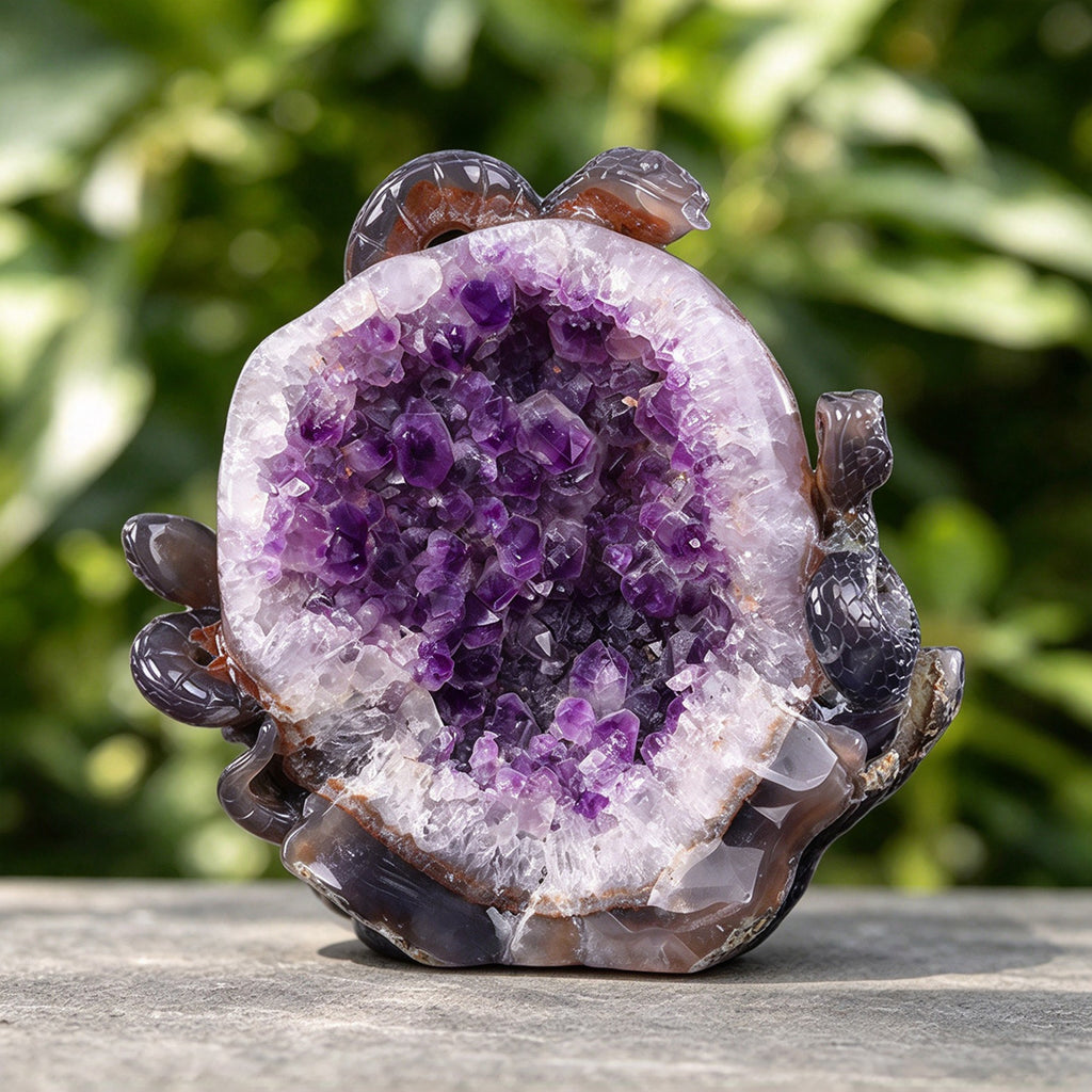 8.0"Amethyst Druse Agate Three-Headed Snake Carving  #GDC0017