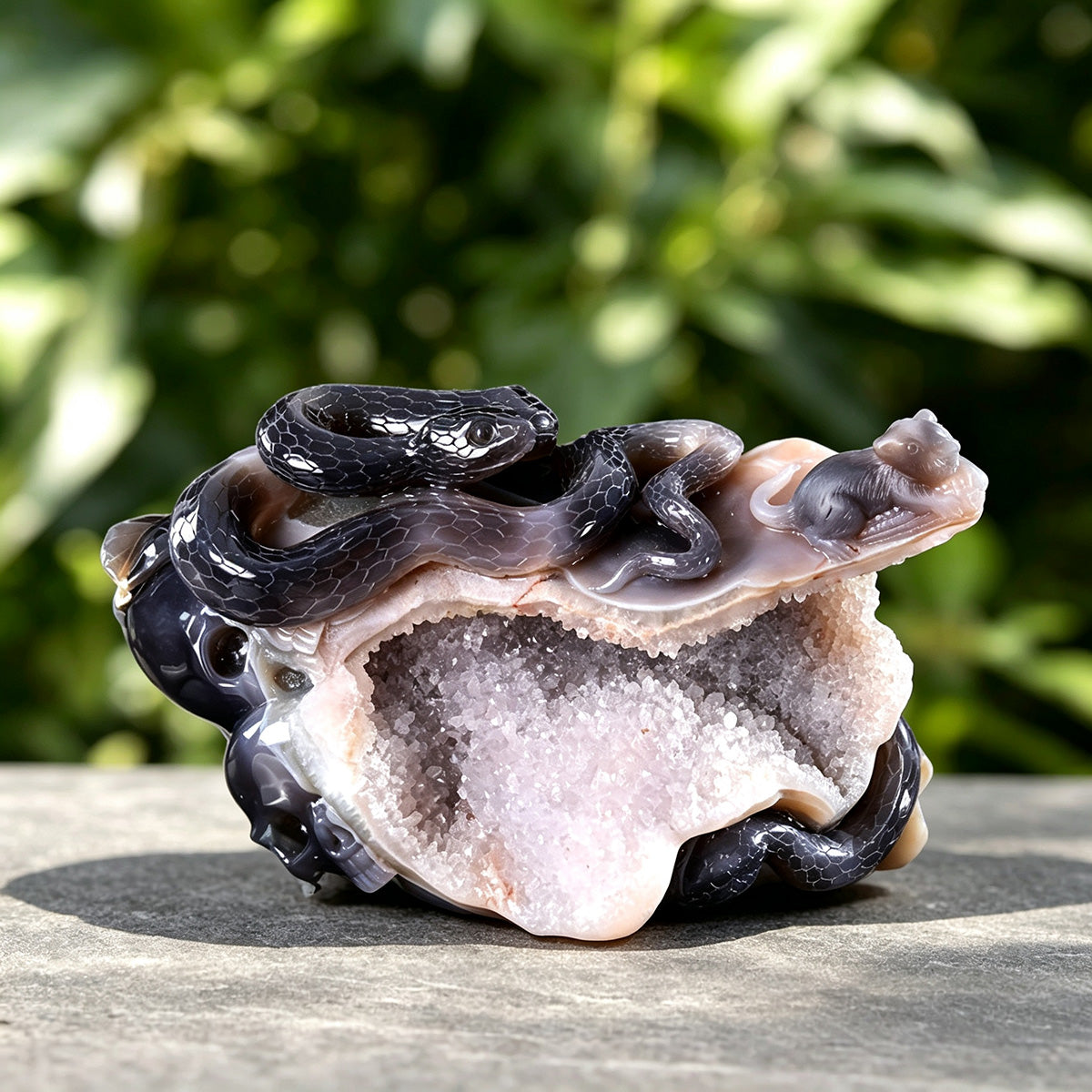 11.1" Druse Agate Snake & Mouse Carving  #GDC0013