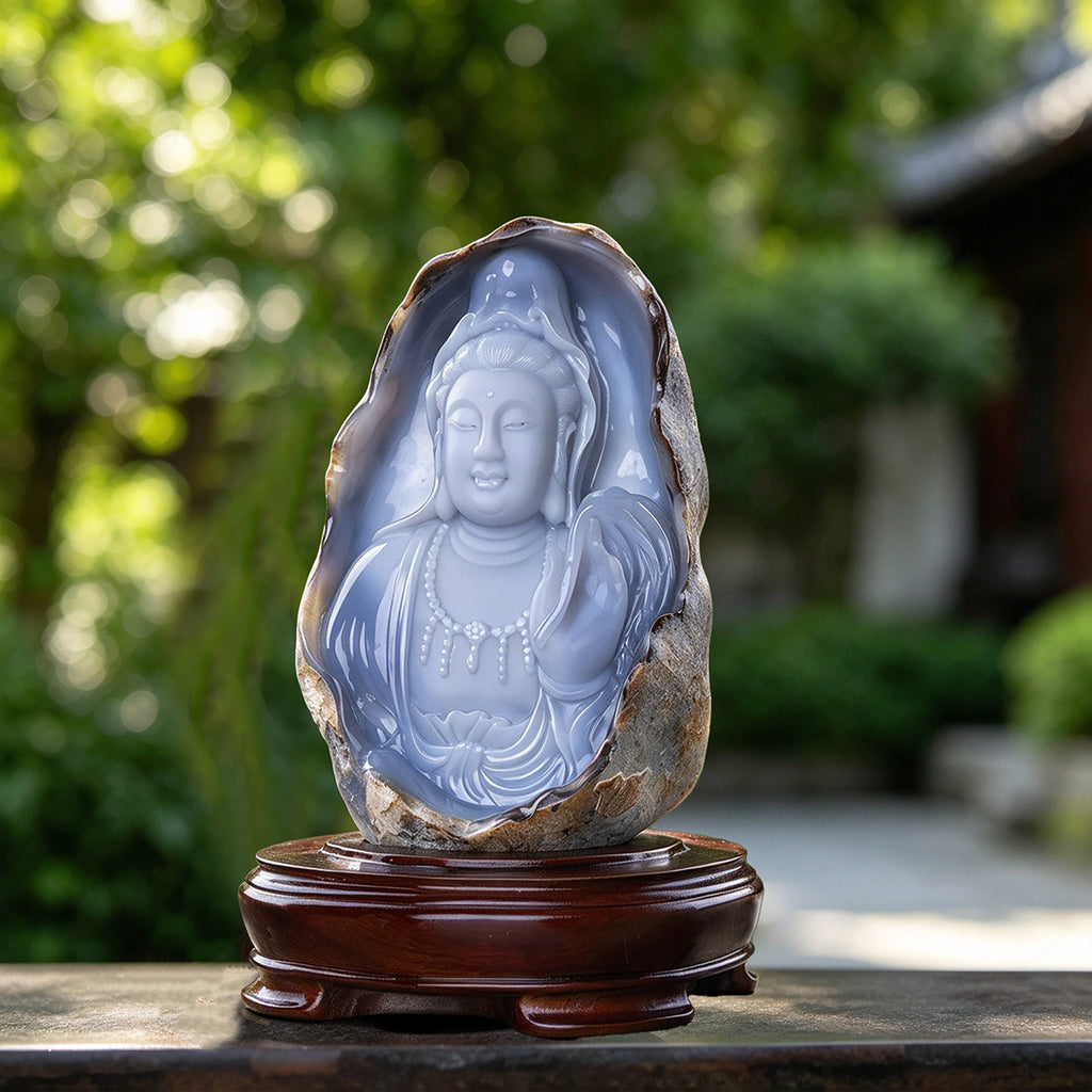 7.2" Blue Chalcedony Kwan-Yin Sculpture Carving  #CTC0039