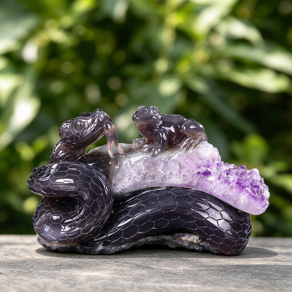 7.0"Amethyst Druse Agate Snake & Frog Carving  #GDC0018