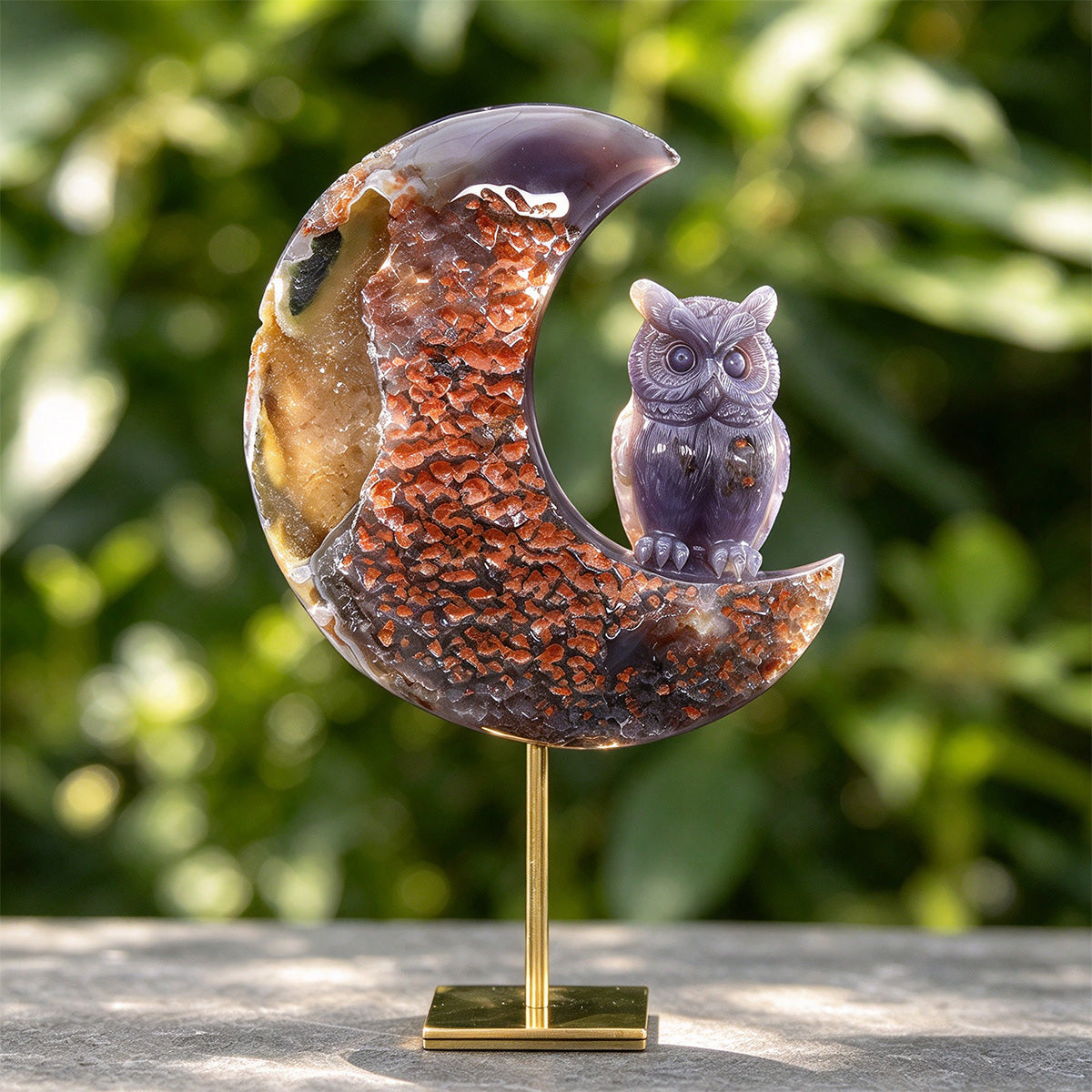 5.9"Geode Agate Moon and Owl Carving  #GDC0030