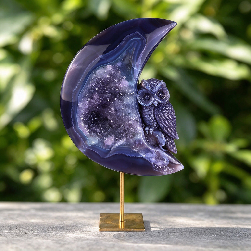 6.1"Druzy Agate Geode Moon and Owl Carving  #GDC0019