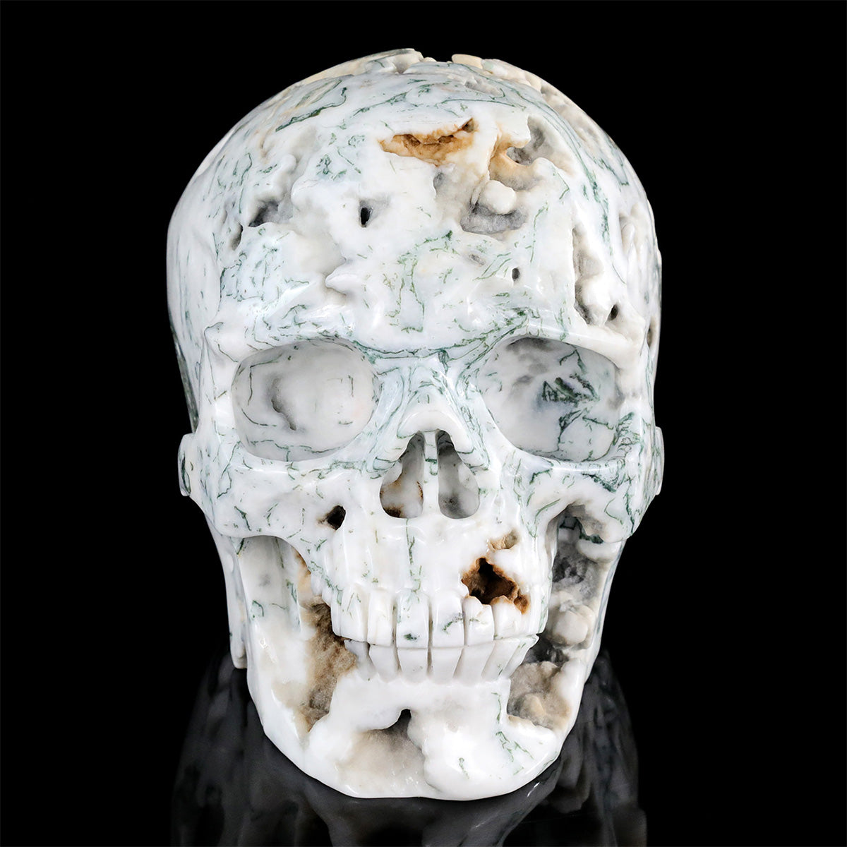 9.0" Moss Agate Crystal Skull Carving  #SCS0029