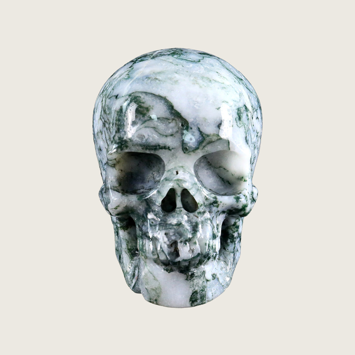 4.5" Moss Agate Human Skull Carving  #SKH45001