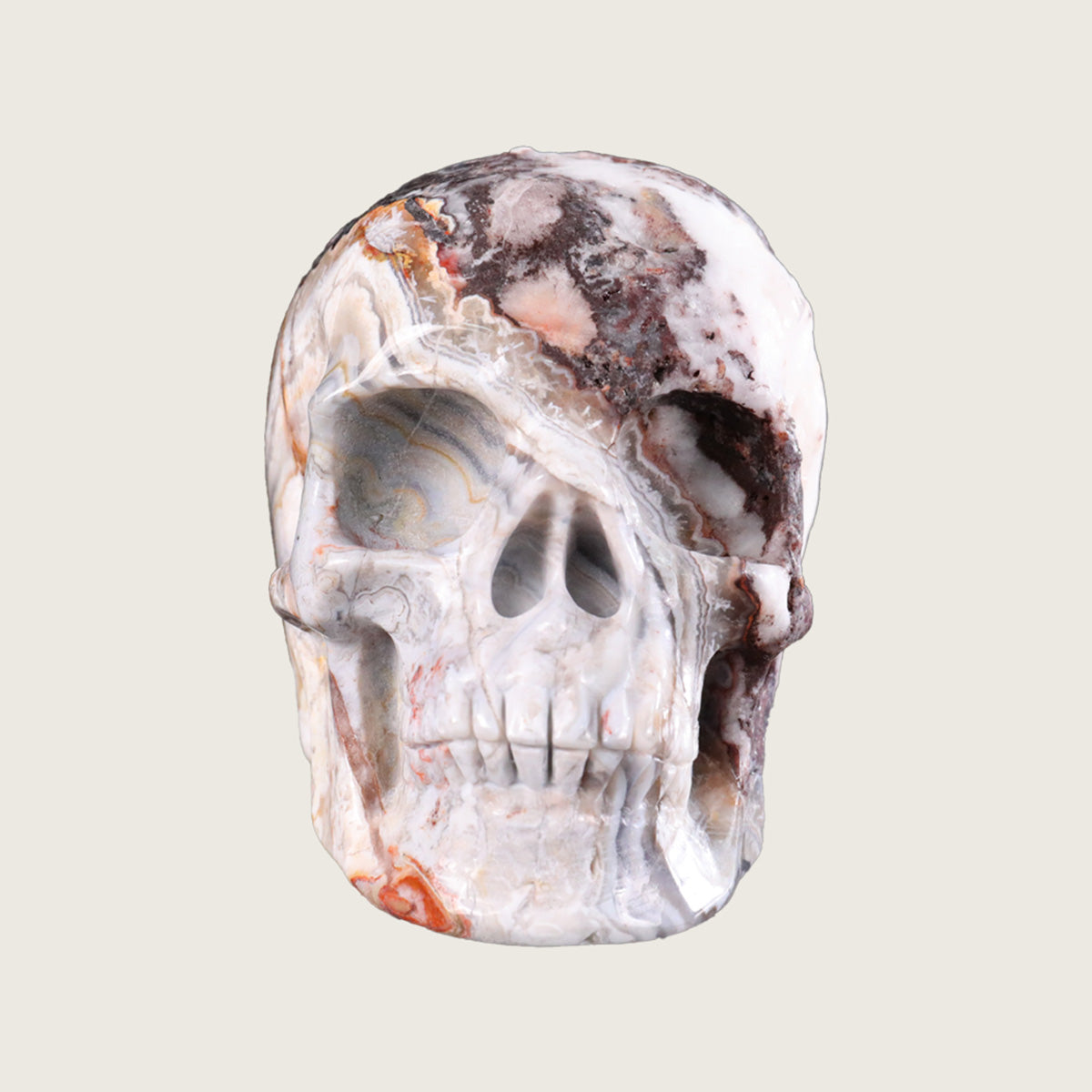 4.5" Red Crazy Lace Agate Human Skull Carving  #SKH45005