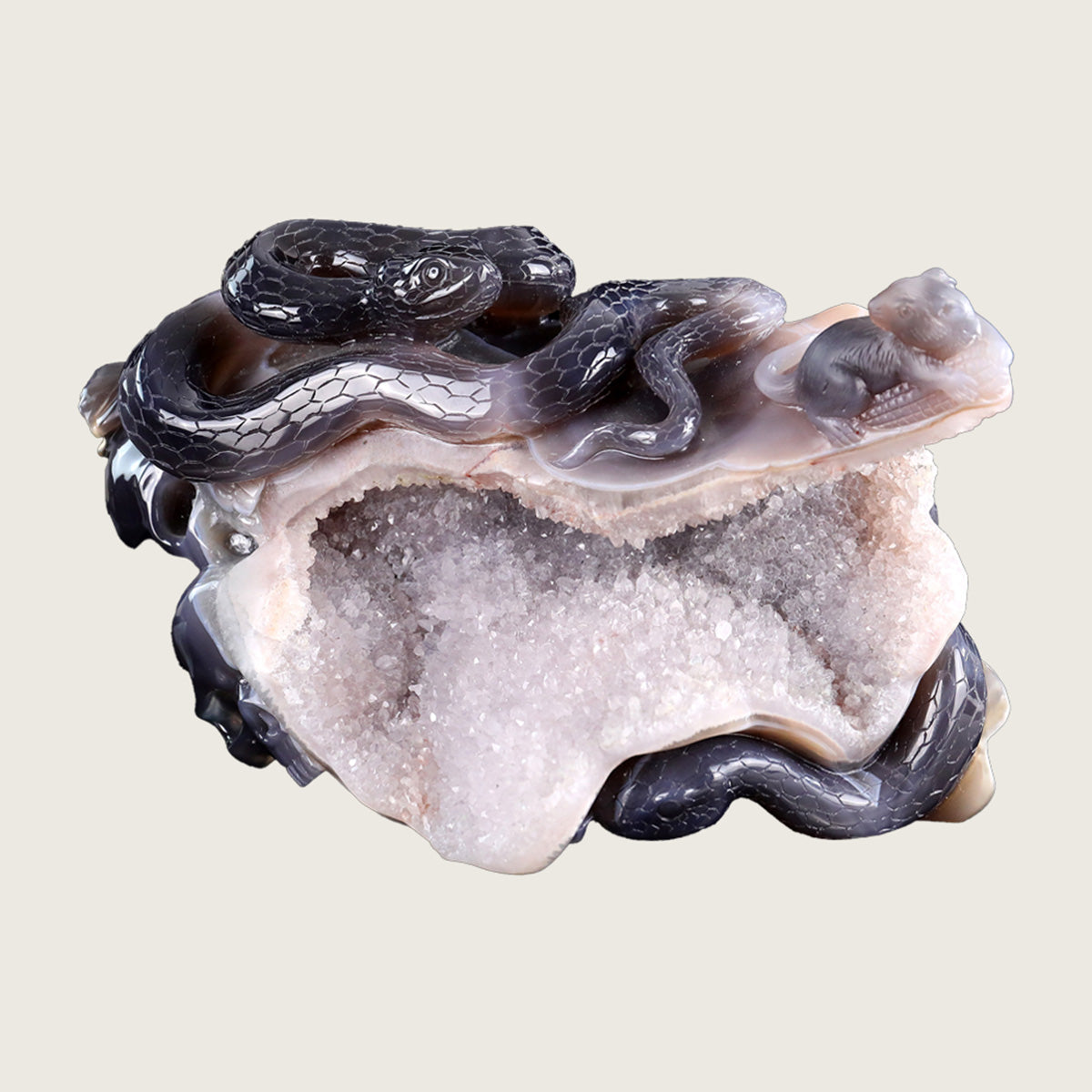 11.1" Druse Agate Snake & Mouse Carving  #GDC0013