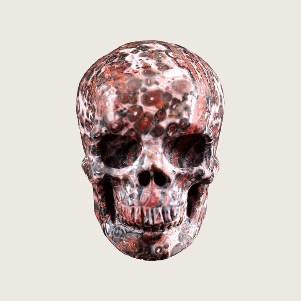 2.2" Red Leopard Skin Human Skull Carving  #SKH22001