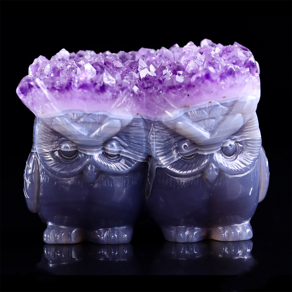 3.0"Amethyst Druzy Pair of Owls Carving  #GDC0029