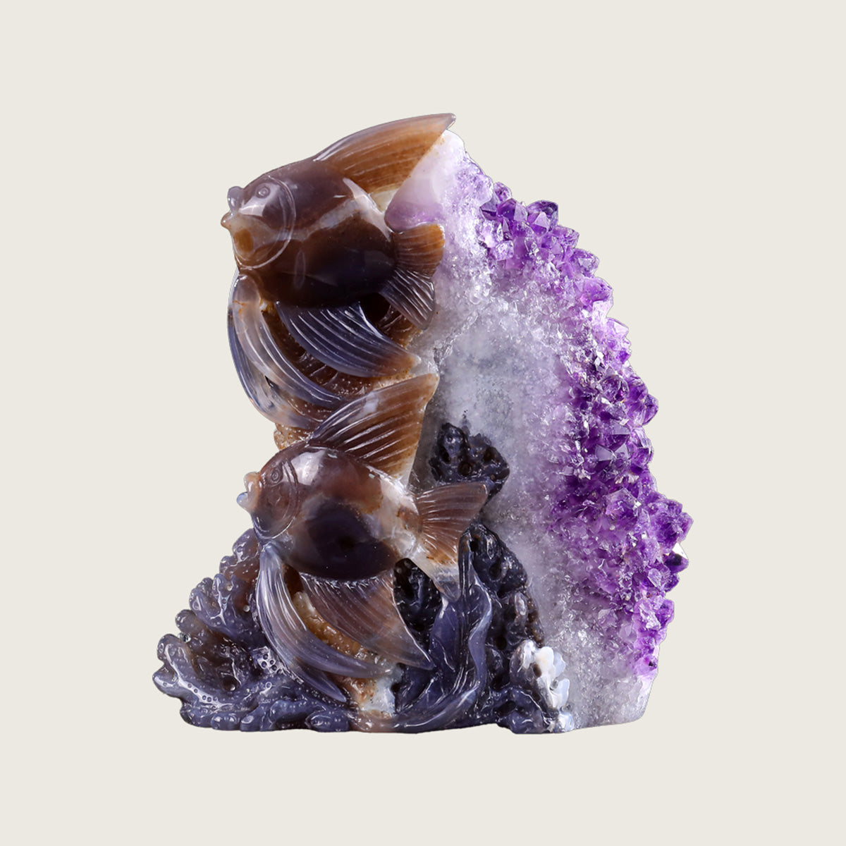 6.1" Amethyst Druse Agate Fishes Carving  #GDC0015
