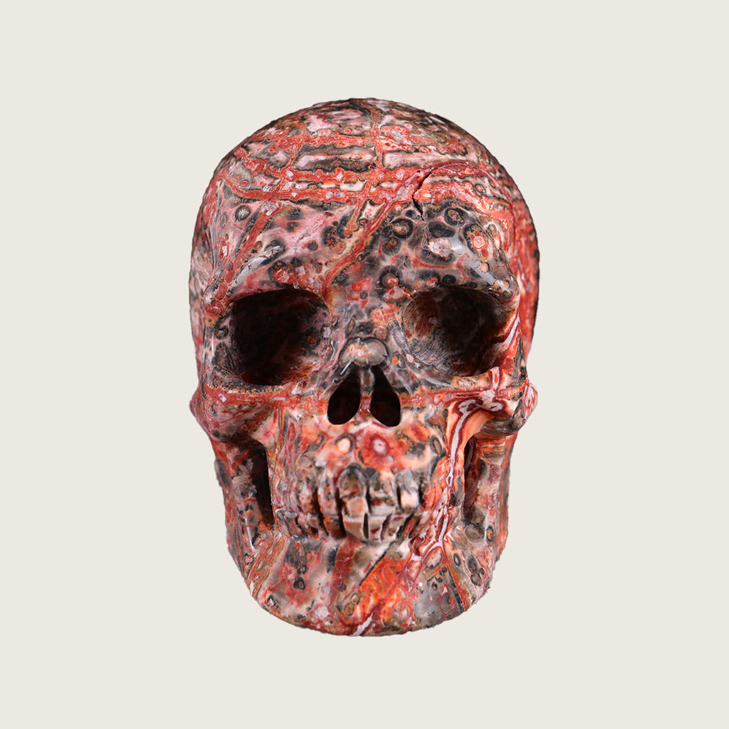 3.0" Red Leopard Skin Human Skull Carving  #SKH30017