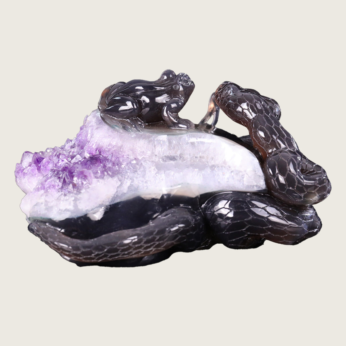 7.0"Amethyst Druse Agate Snake & Frog Carving  #GDC0018