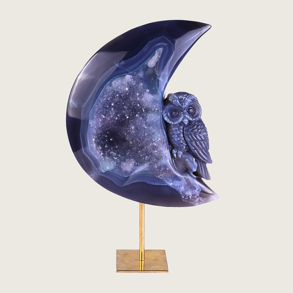 6.1"Druzy Agate Geode Moon and Owl Carving  #GDC0019