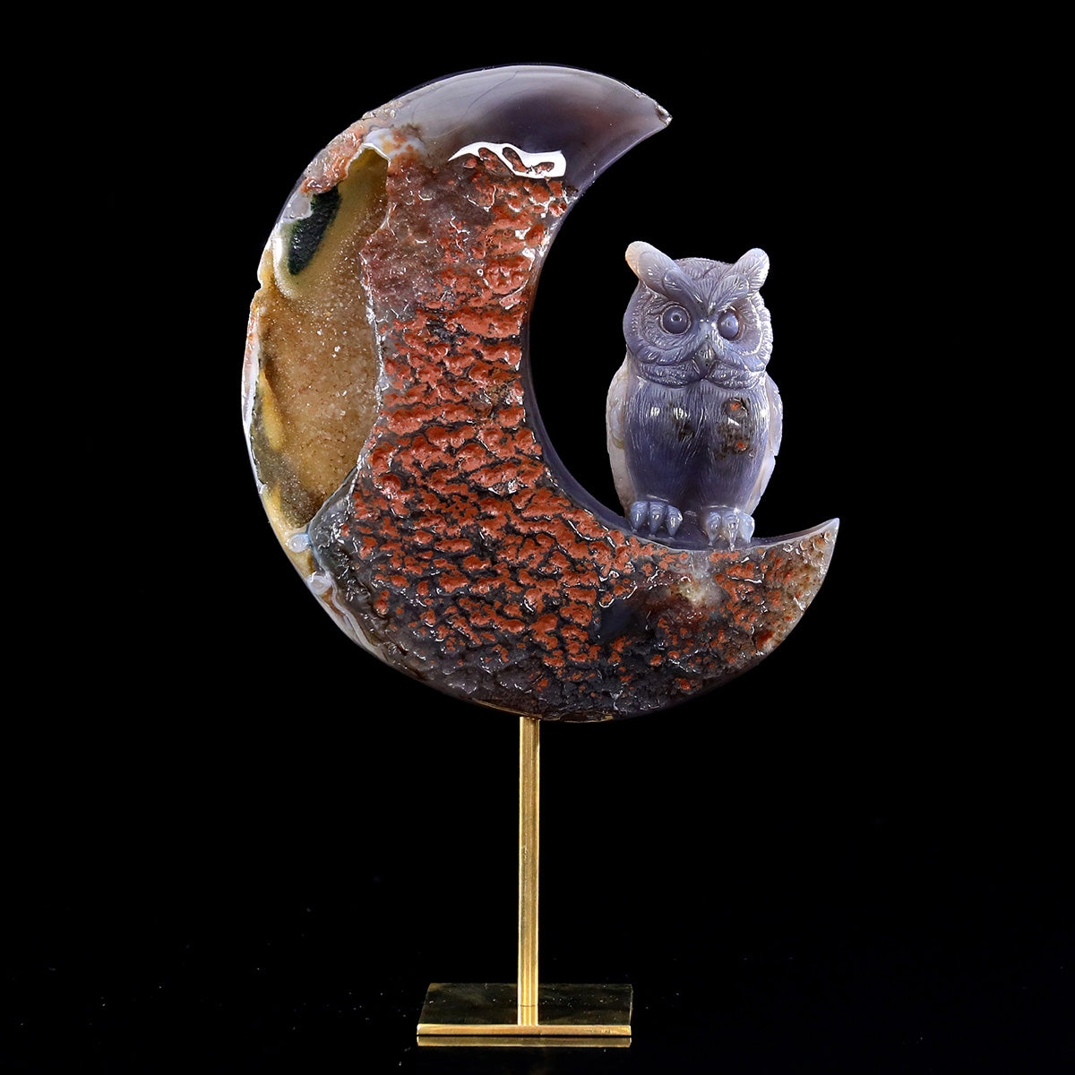 5.9"Geode Agate Moon and Owl Carving  #GDC0030