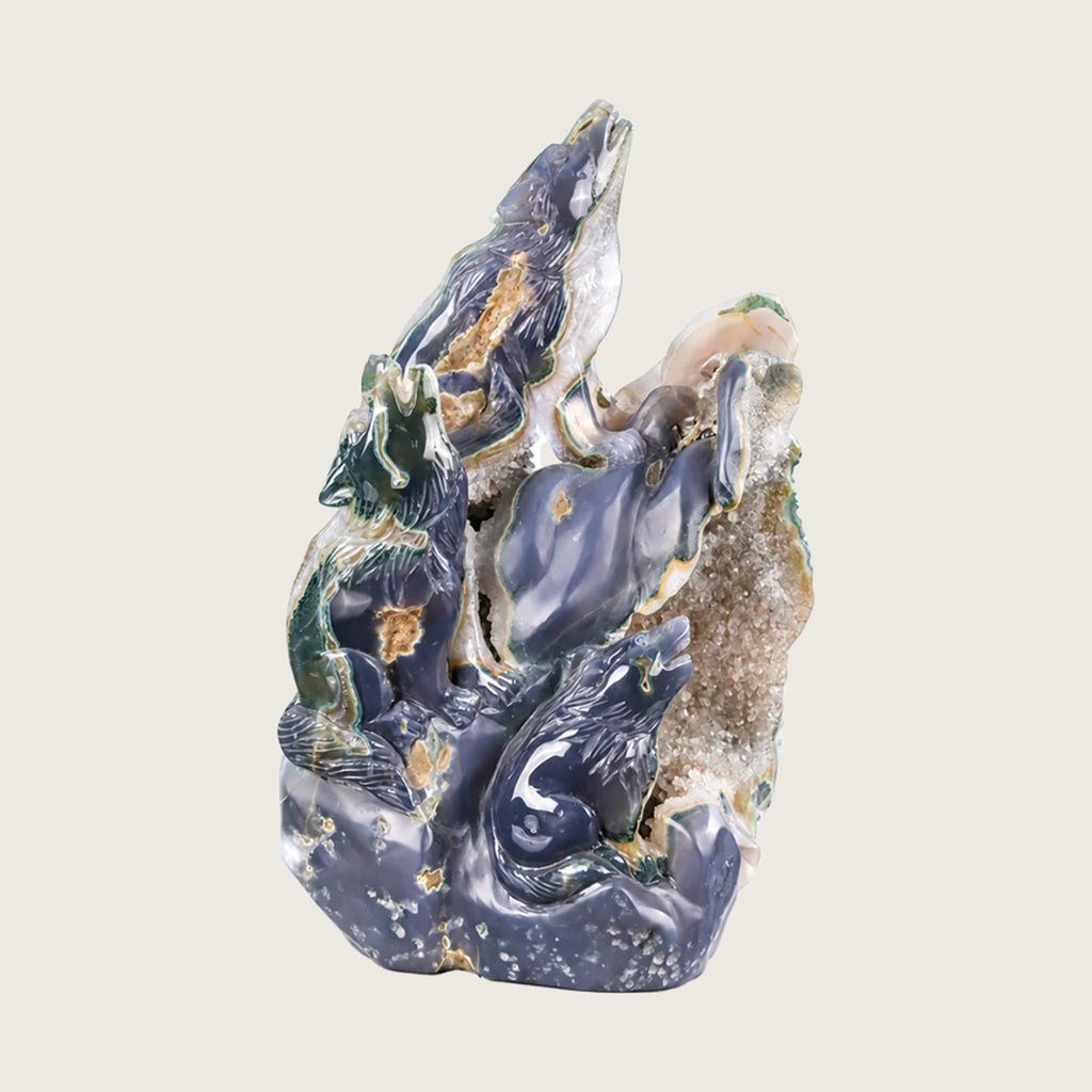 5.8"Druzy Agate Geode Wolf Family Carving  #GDC0022