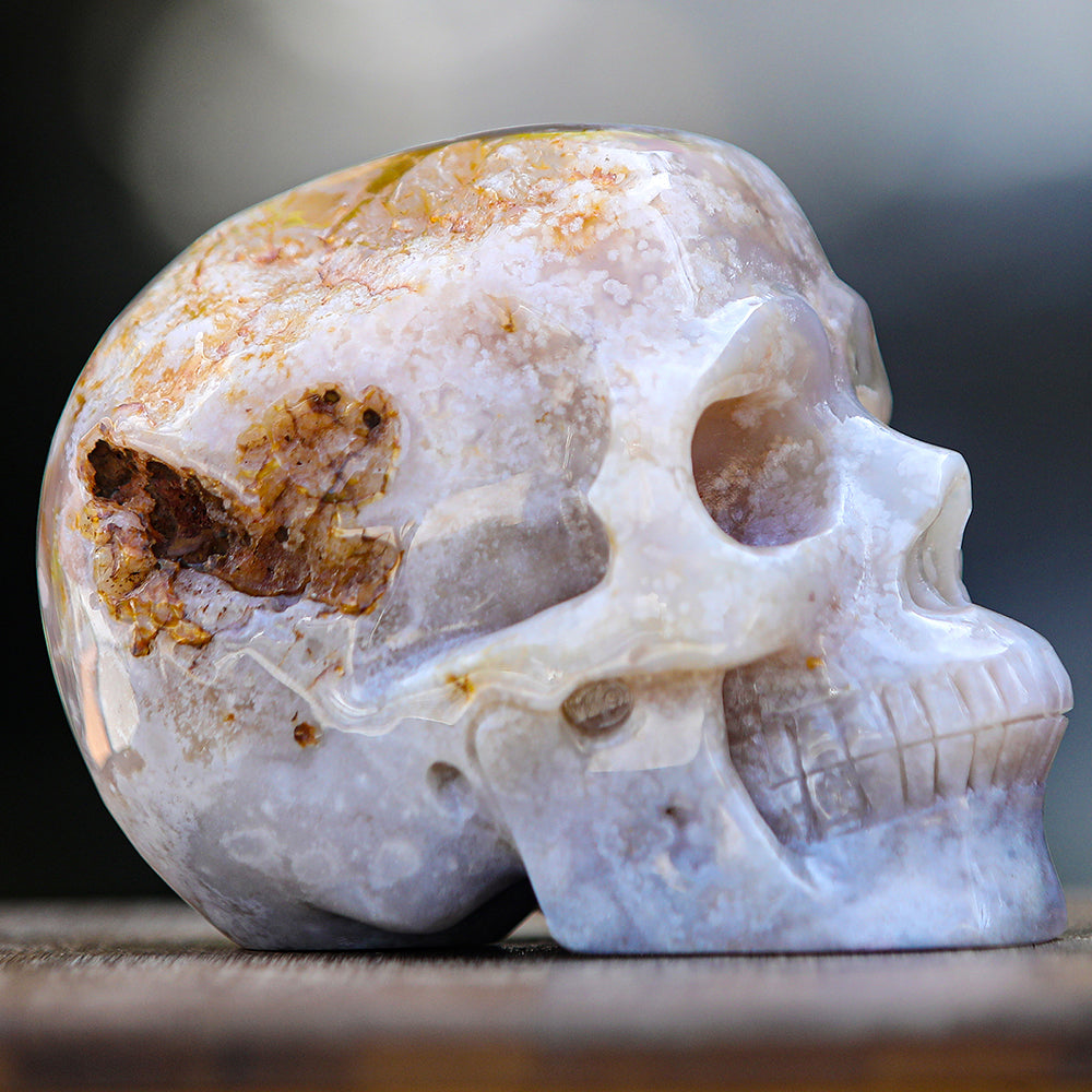 5.7" Cherry Blossom Agate Human Skull Carving - Unique Piece #2100001