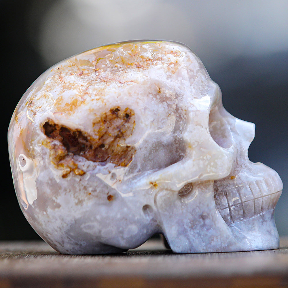 5.7" Cherry Blossom Agate Human Skull Carving - Unique Piece #2100001