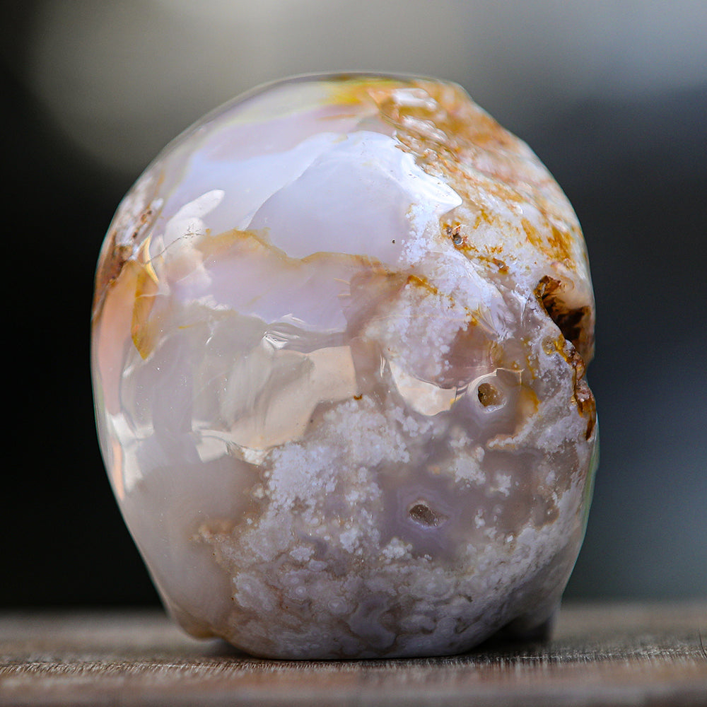 5.7" Cherry Blossom Agate Human Skull Carving - Unique Piece #2100001