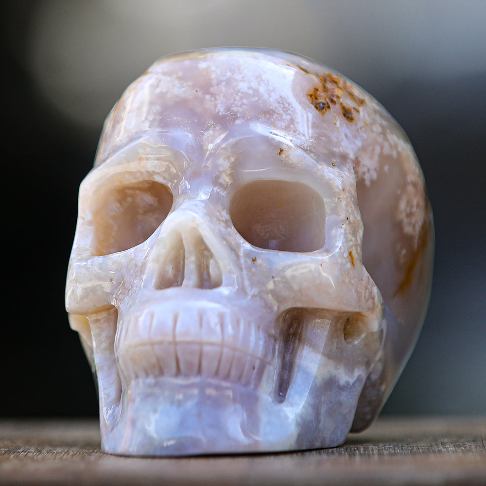 5.7" Cherry Blossom Agate Human Skull Carving - Unique Piece #2100001