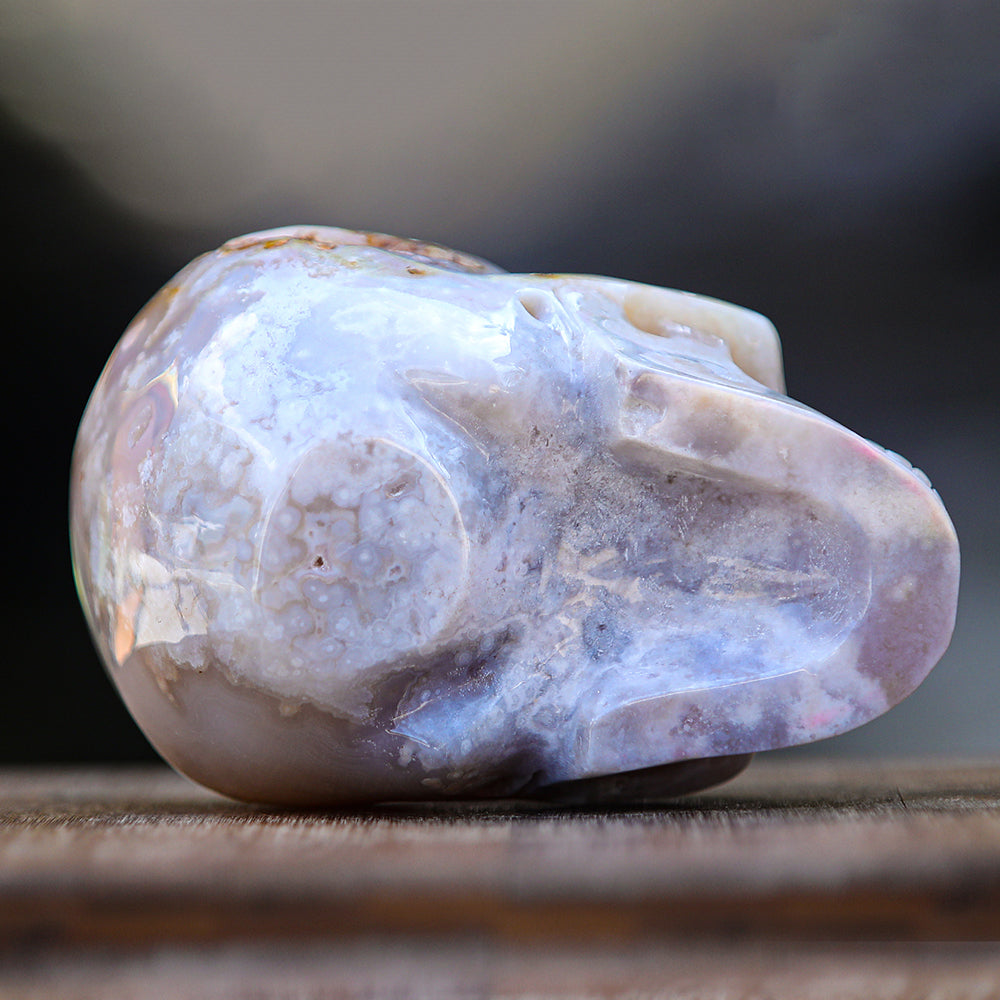 5.7" Cherry Blossom Agate Human Skull Carving - Unique Piece #2100001