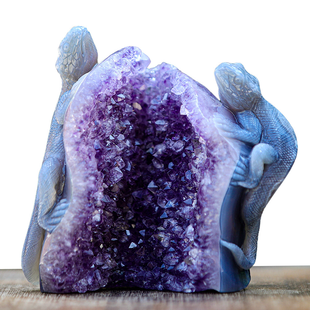 5.0" Amethyst Cluster Geode Double Lizard Carving - Unique Piece #2100005