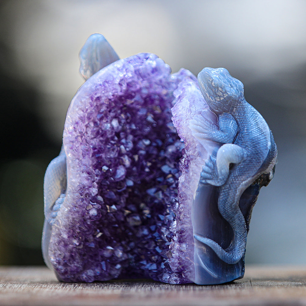 5.0" Amethyst Cluster Geode Double Lizard Carving - Unique Piece #2100005