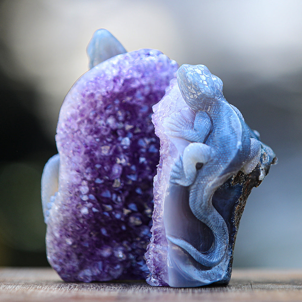 5.0" Amethyst Cluster Geode Double Lizard Carving - Unique Piece #2100005