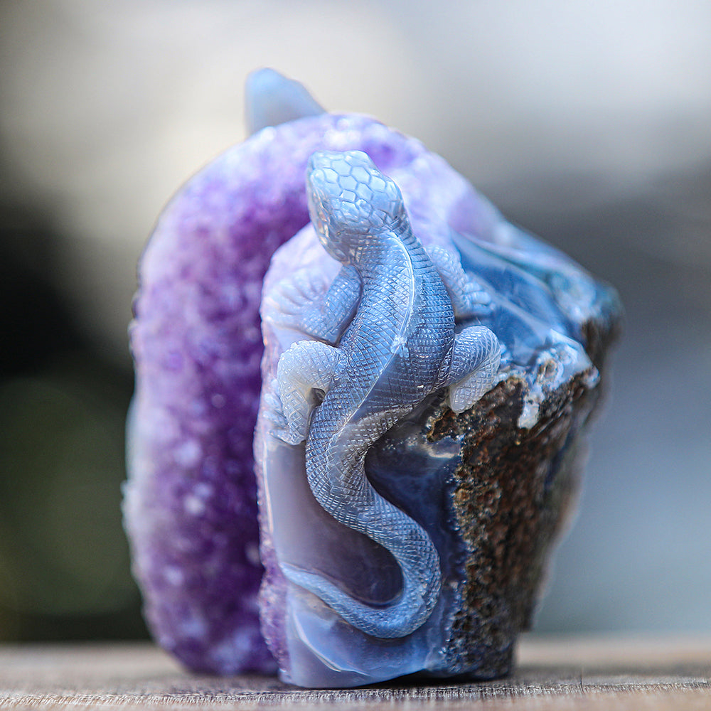 5.0" Amethyst Cluster Geode Double Lizard Carving - Unique Piece #2100005