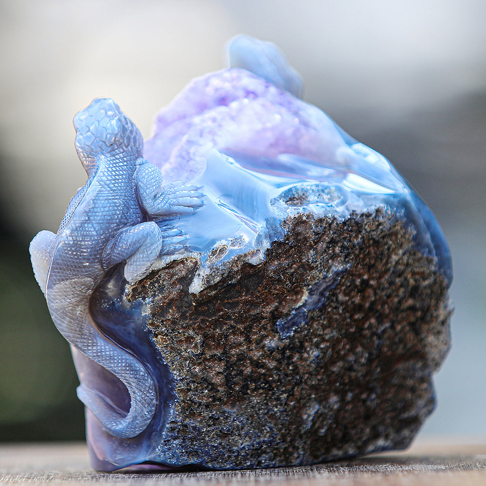 5.0" Amethyst Cluster Geode Double Lizard Carving - Unique Piece #2100005