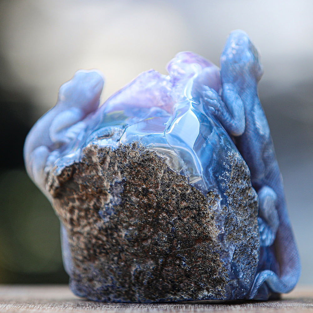 5.0" Amethyst Cluster Geode Double Lizard Carving - Unique Piece #2100005